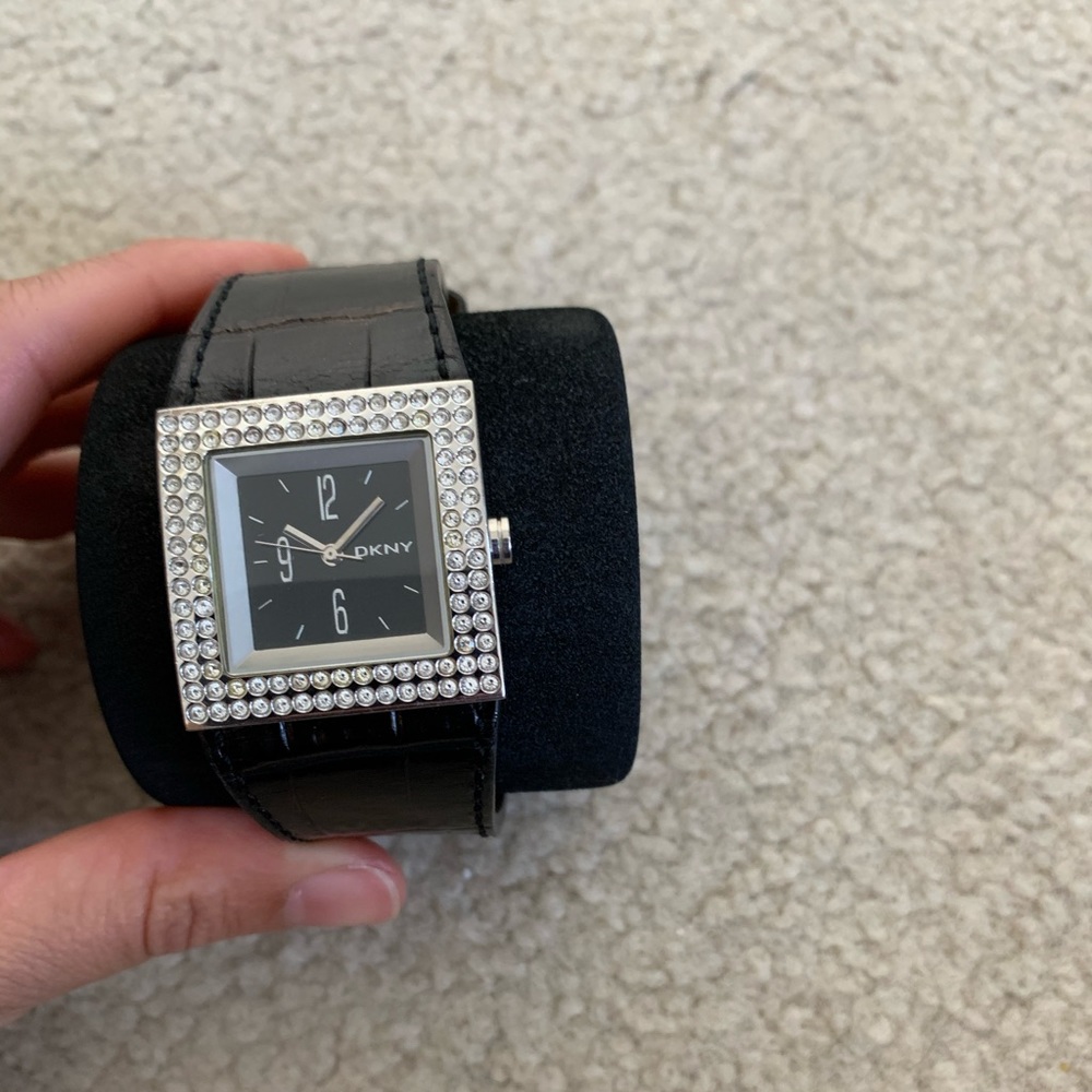 DKNY Black leather watch with Rhinestones
